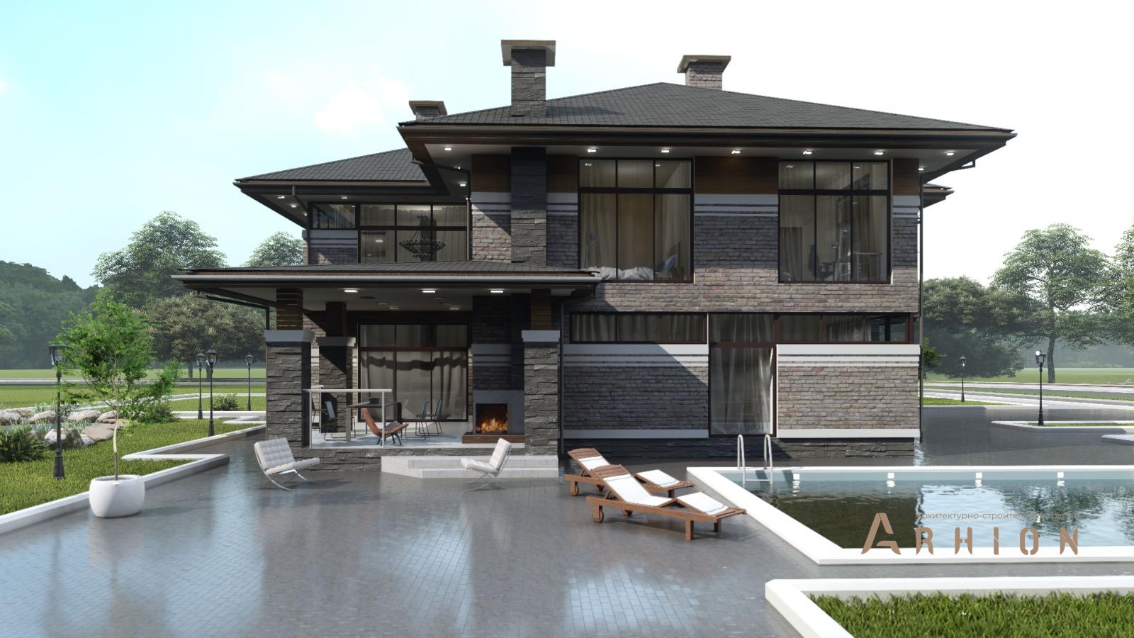 6. Проект двухэтажного дома в стиле Ллойда Райта (прерий) с многоскатной кровлей, H-1516, площадью - 466 кв c цокольным этажом, терассой, балконом, гаражом, вторым светом